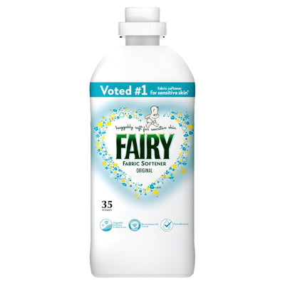 Fairy Fabric Softener Original (1.155L) in a white bottle with a heart-shaped floral label, is hypoallergenic and ideal for sensitive skin, providing softness for up to 35 washes.
