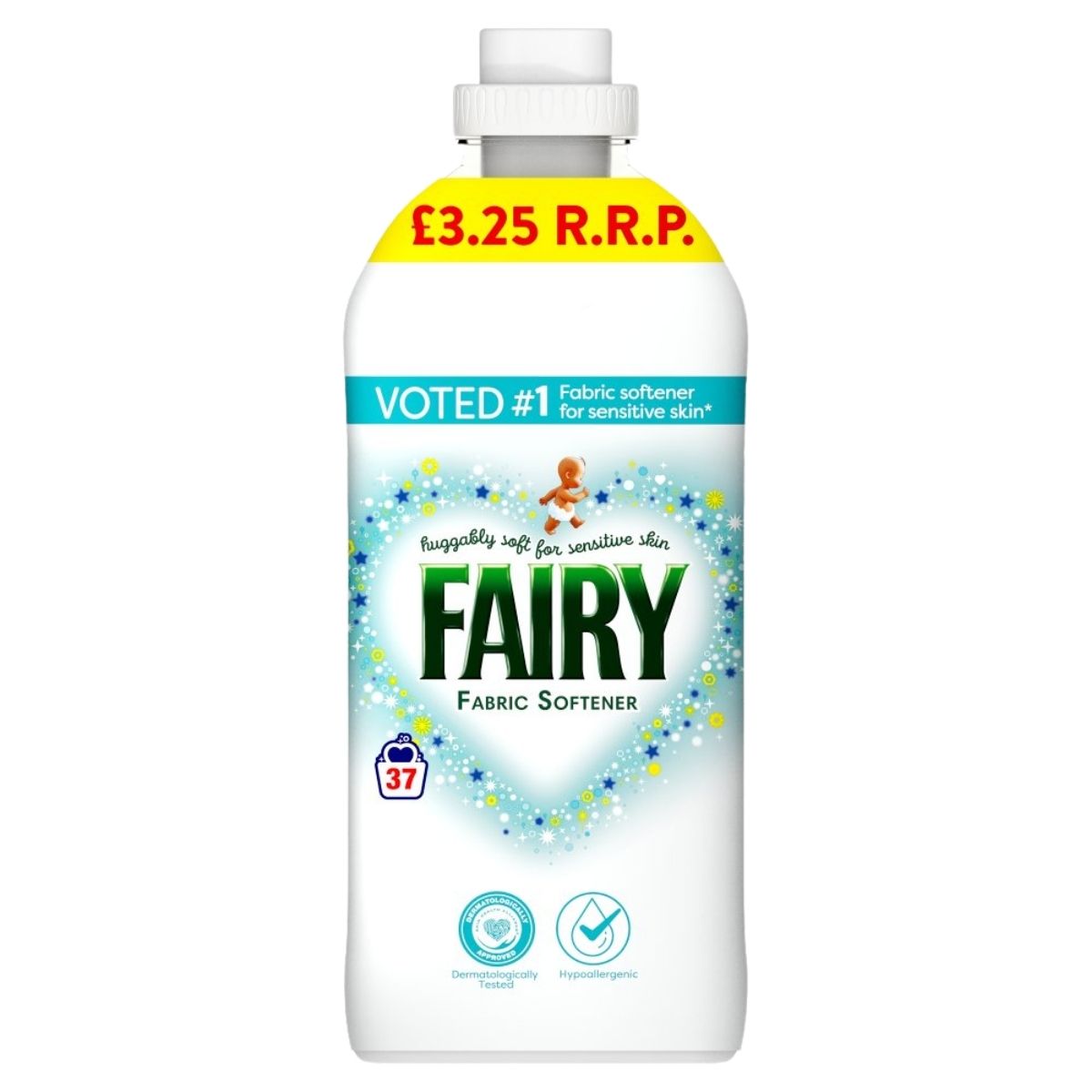 A 1.147L Fairy Fabric Softener Original, offering 37 washes for sensitive skin, with an R.R.P. of £3.25.