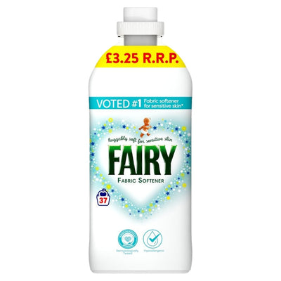 A 1.147L Fairy Fabric Softener Original, offering 37 washes for sensitive skin, with an R.R.P. of £3.25.