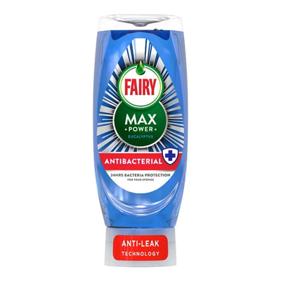 A 450ml bottle of Fairy Max Power Antibacterial Dishwashing Liquid with a concentrated formula, anti-leak technology, and 24-hour bacteria protection, shown upright.