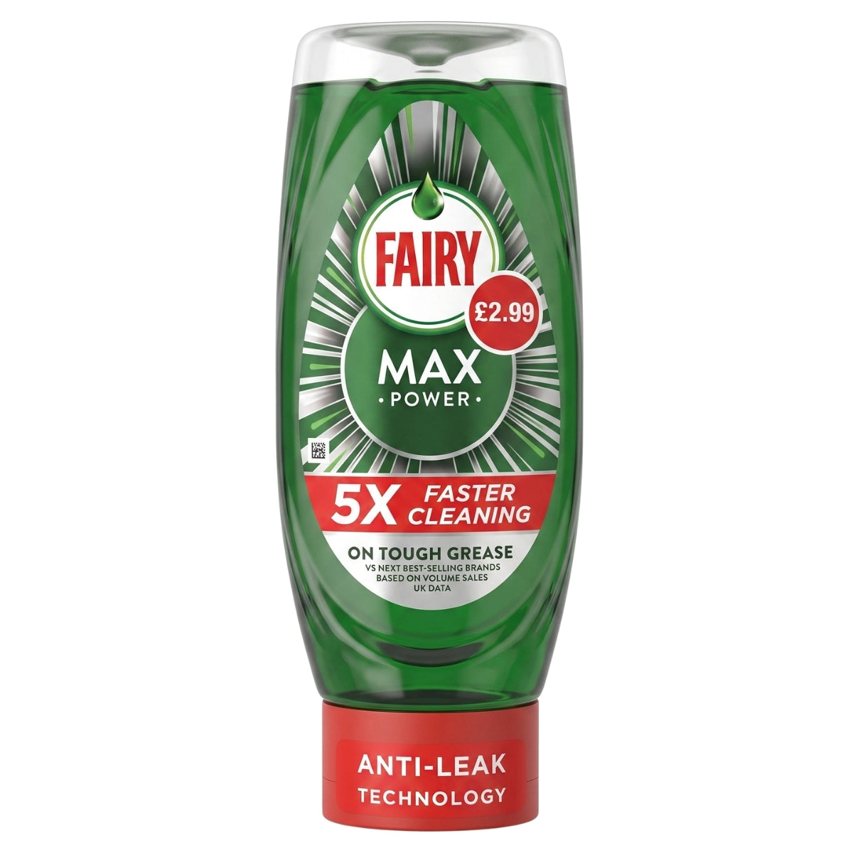 A 450ml bottle of Fairy Max Power Antibacterial Dishwashing Liquid, featuring a green design, offers powerful grease-cutting action for a hygienic clean and is labeled “5X Faster Cleaning.” The bottle includes an anti-leak cap and displays a £2.99 price sticker on the front.