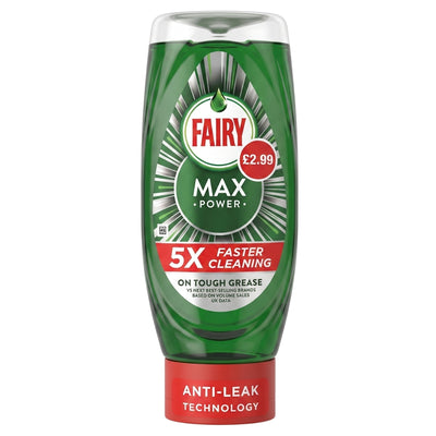 A 450ml bottle of Fairy Max Power Antibacterial Dishwashing Liquid, featuring a green design, offers powerful grease-cutting action for a hygienic clean and is labeled “5X Faster Cleaning.” The bottle includes an anti-leak cap and displays a £2.99 price sticker on the front.