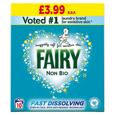 Fairy Non Bio Detergent Powder 10 Washes (600g), just £3.99—fast-dissolving, gentle on sensitive skin, and voted number one for effective laundry care.