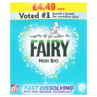 Fairy Non Bio Detergent Powder 13 Washes (715g) offers huggably soft results for sensitive skin and features fast dissolving, anti-residue technology.