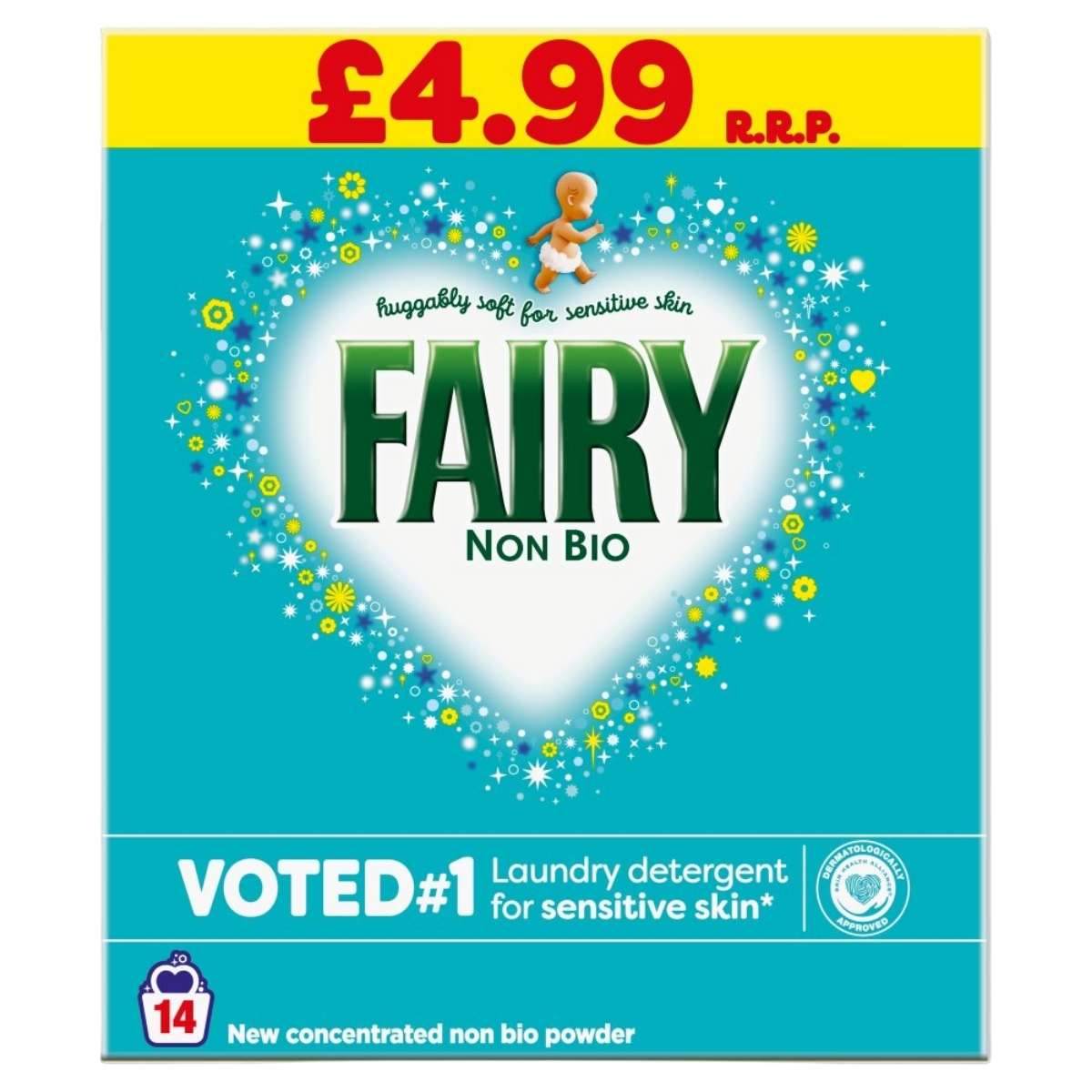 FAIRY non bio laundry detergent packaging with a blue background and yellow banner.