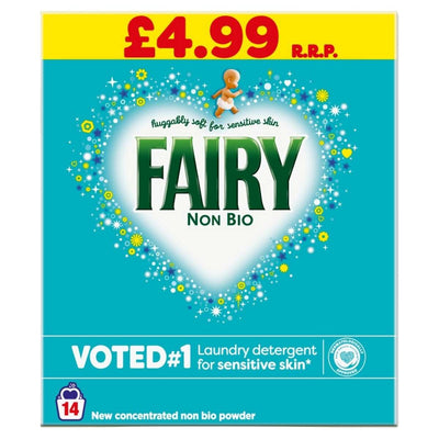 FAIRY non bio laundry detergent packaging with a blue background and yellow banner.