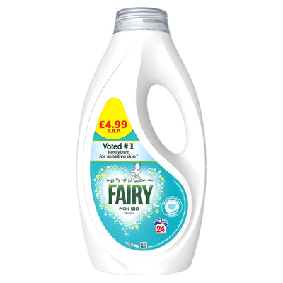 A 744ml white bottle of Bold Fairy Non Bio Laundry Detergent Liquid (24 washes) with a green and yellow label, priced at £4.99, voted the number one sensitive skin laundry detergent.