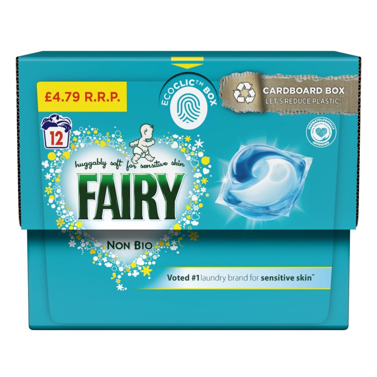 A box of Fairy - Non Bio PODS Washing Capsules - 12washes with a blue and white design.