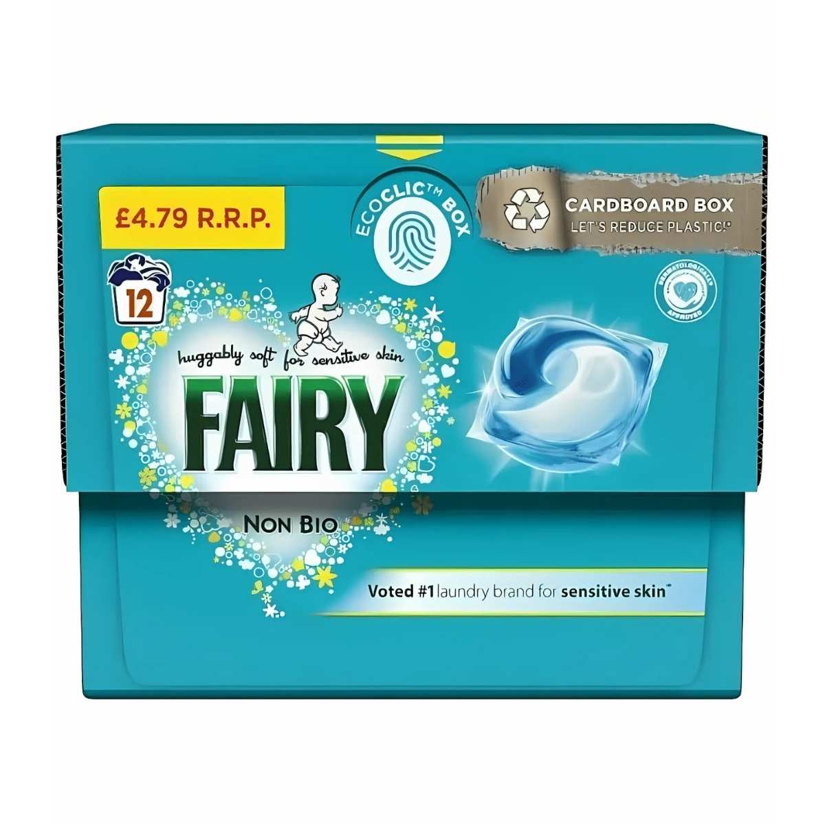 Introducing the eco-friendly Fairy Non-Bio Laundry Detergent Pods, 277.2g, with 12 gentle-on-skin capsules designed for sensitive needs, priced at just £4.79.