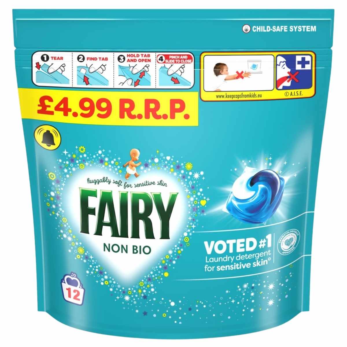 Fairy Non Biological Laundry Detergent Pods, 12 washes (247.2g) by Fairy, feature a child-safe system and resealable pack, are gentle on skin, and have an R.R.P. of £4.99.