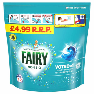 Fairy Non Biological Laundry Detergent Pods, 12 washes (247.2g) by Fairy, feature a child-safe system and resealable pack, are gentle on skin, and have an R.R.P. of £4.99.
