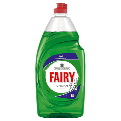 Fairy - Original Washing Up Liquid - 900ml comes with a white label, baby illustration, red cap, and contains the signature green liquid known for its effective cleaning and powerful grease-cutting power.