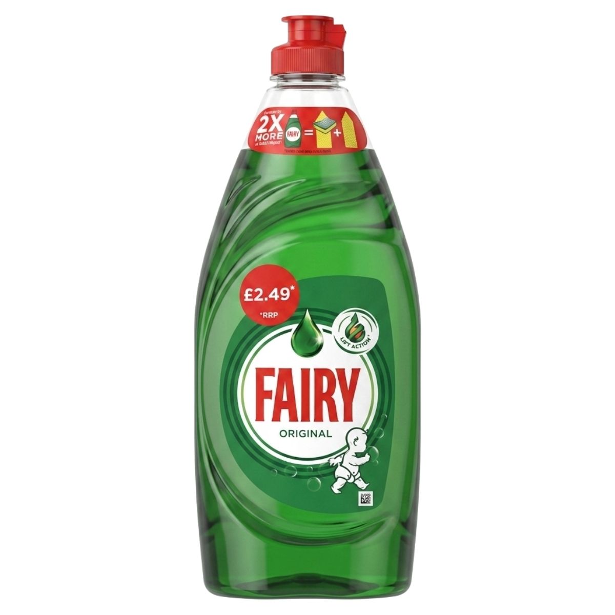 A 654ml bottle of Fairy Original Washing Up Liquid Green with Lift Action, featuring a red cap and green liquid, is available for £2.49.