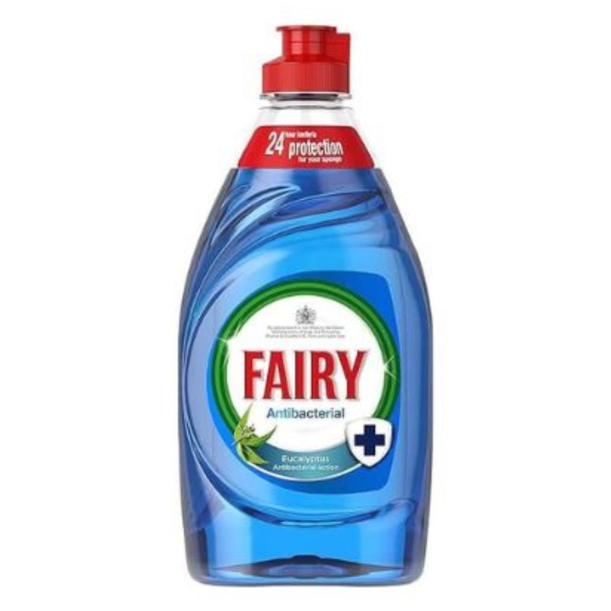 A bottle of Fairy - Platinum Washing Up Liquid Anti Bacterial - 383ml with a refreshing eucalyptus scent, featuring a red cap and a blue-and-white label.