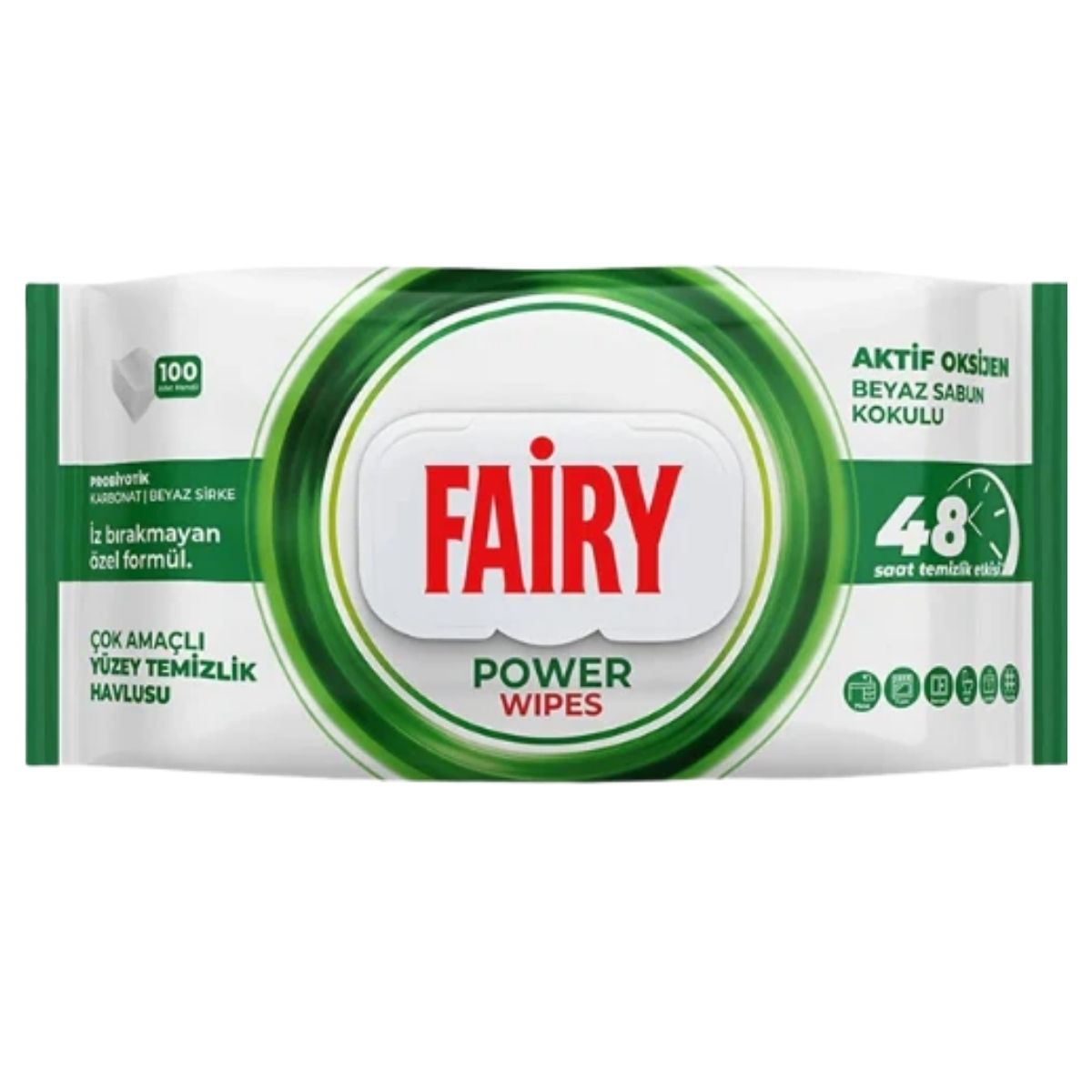 Fairy Power Multipurpose Surface Cleaning Wipes, 100-count pack, delivers 48-hour cleaning and features Fairy's signature green and white design.