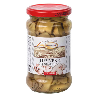 A jar of Familex Sliced Mushrooms, weighing 280g, with a red lid and a white label adorned with mushroom illustrations and text in a foreign language.