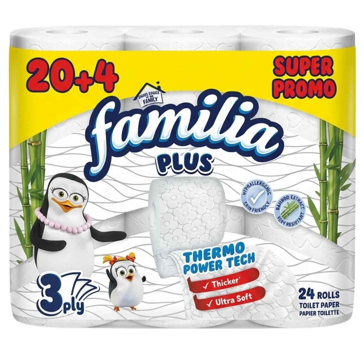 Familia plus Toilet Tissue Rolls, 24-pack (20+4 free), 3-ply, with cartoon penguins and "Thermo Power Tech," "Thicker," "Ultra Soft," and "Super Promo" labels.