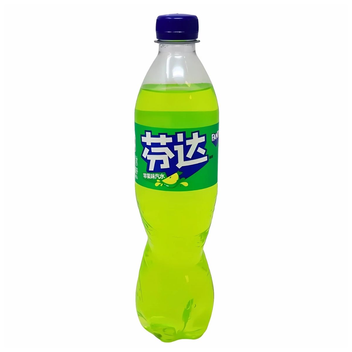 A plastic bottle of bright yellow-green Fanta soda with a blue cap, featuring white text and lemon graphics on the label, offers a refreshing apple taste.