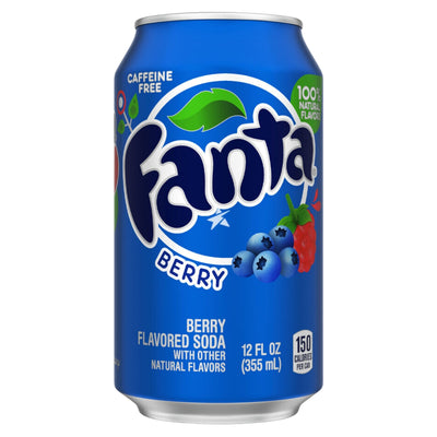 A can of Fanta - Berry Can (America) - 355ml, 150 calories per can, featuring images of berries and labeled as caffeine-free with 100% natural flavors.