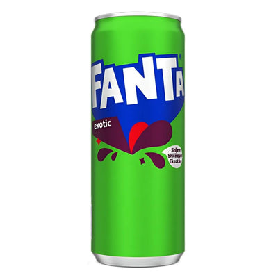A 330ml Fanta - Exotic bottle, tall and green, featuring the Fanta logo with purple fruit graphics and white text, shown against a plain white background.