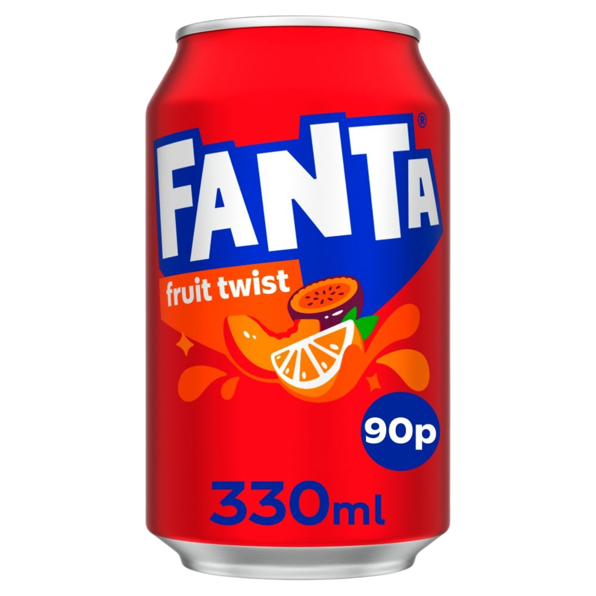 A 330ml can of Fanta - Fruit Twist soft drink, featuring orange and passionfruit graphics on a red background.