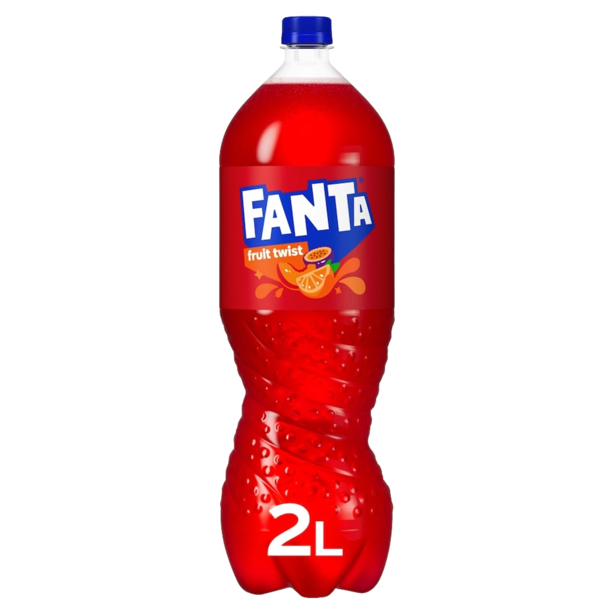 A 2-liter bottle of Fanta Fruit Twist from Fanta, featuring a blue cap, vibrant red liquid, and a label with the iconic Fanta logo and colorful fruit illustrations—perfect for enjoying a refreshing fruity beverage.