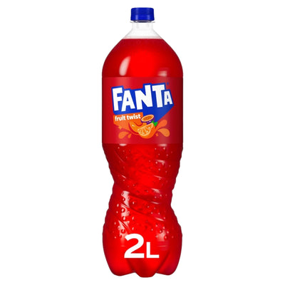 A 2-liter bottle of Fanta Fruit Twist from Fanta, featuring a blue cap, vibrant red liquid, and a label with the iconic Fanta logo and colorful fruit illustrations—perfect for enjoying a refreshing fruity beverage.