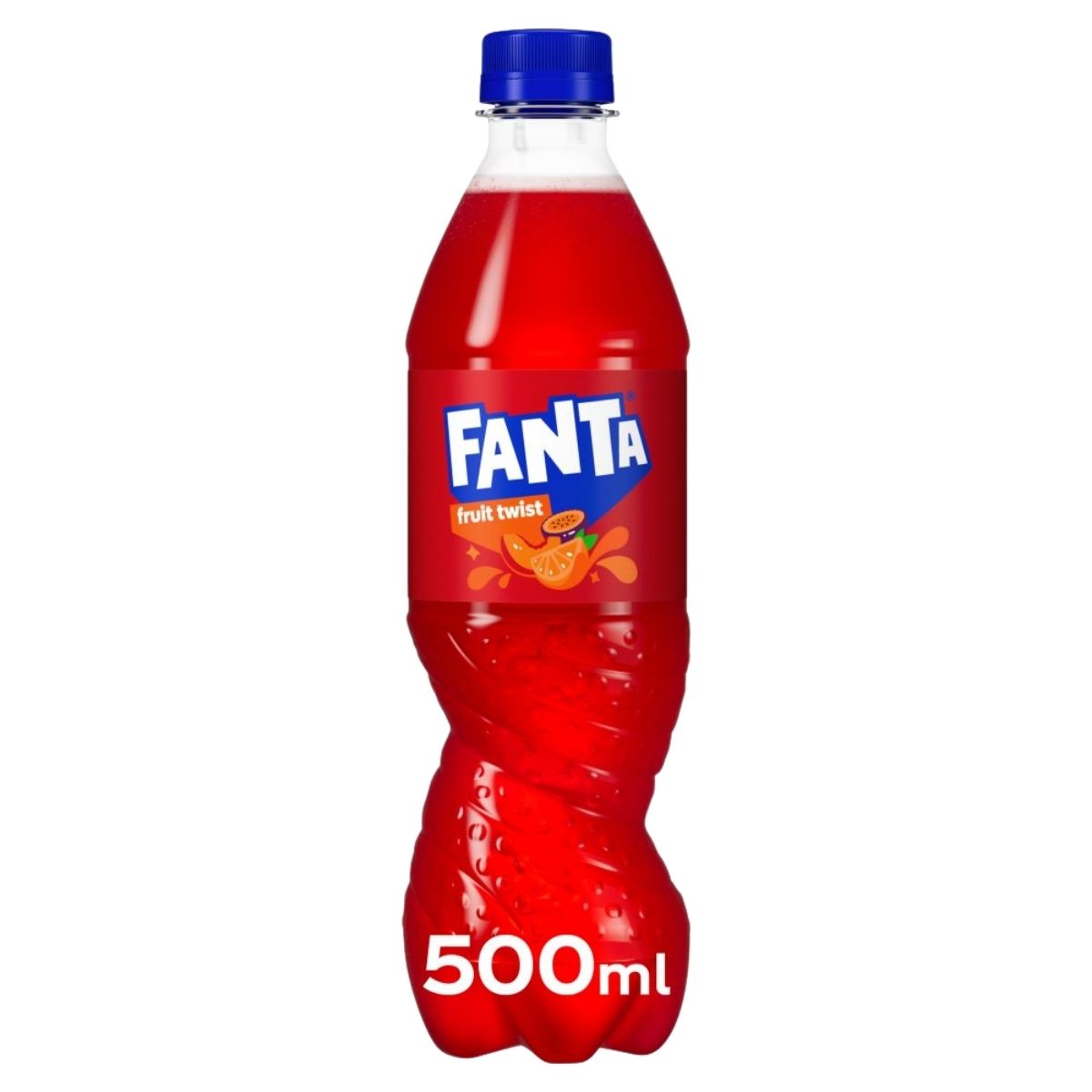 Fanta bottle with blue cap on a white background