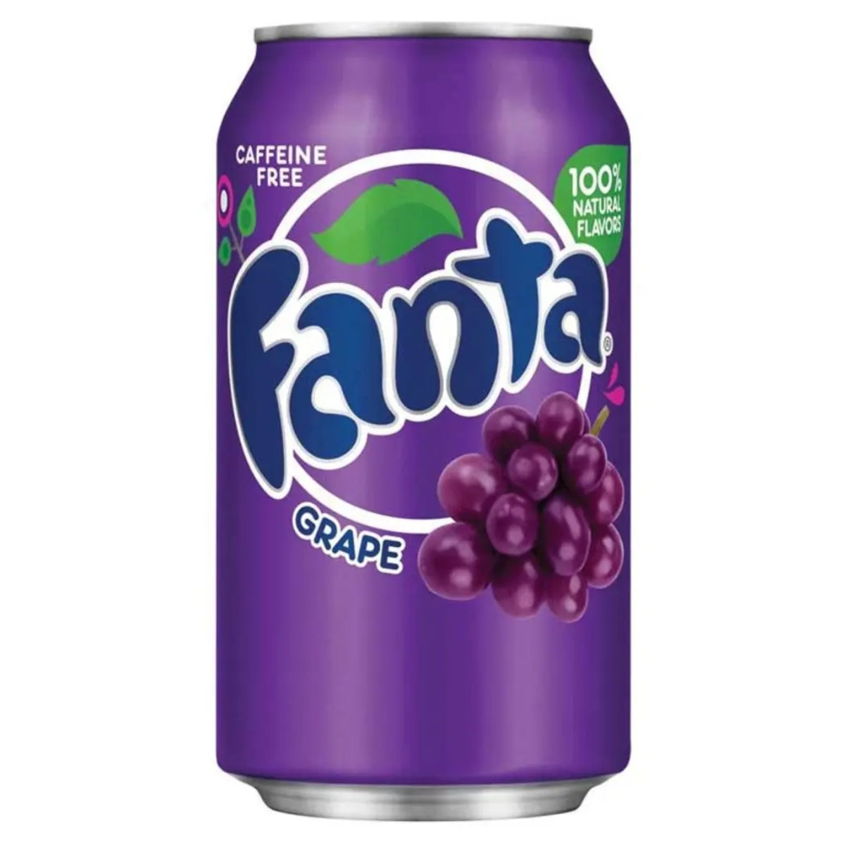 A can of Fanta - Grape Can (America) - 330ml with a purple background and grape artwork, labeled as caffeine-free and containing 100% natural flavors.