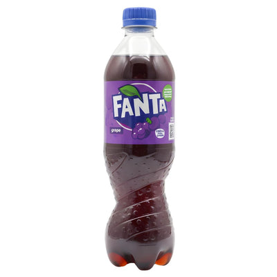 A 500ml Fanta - Grapes bottle by Fanta, featuring a purple label, blue cap, and visible dark purple non-alcoholic grape drink inside.