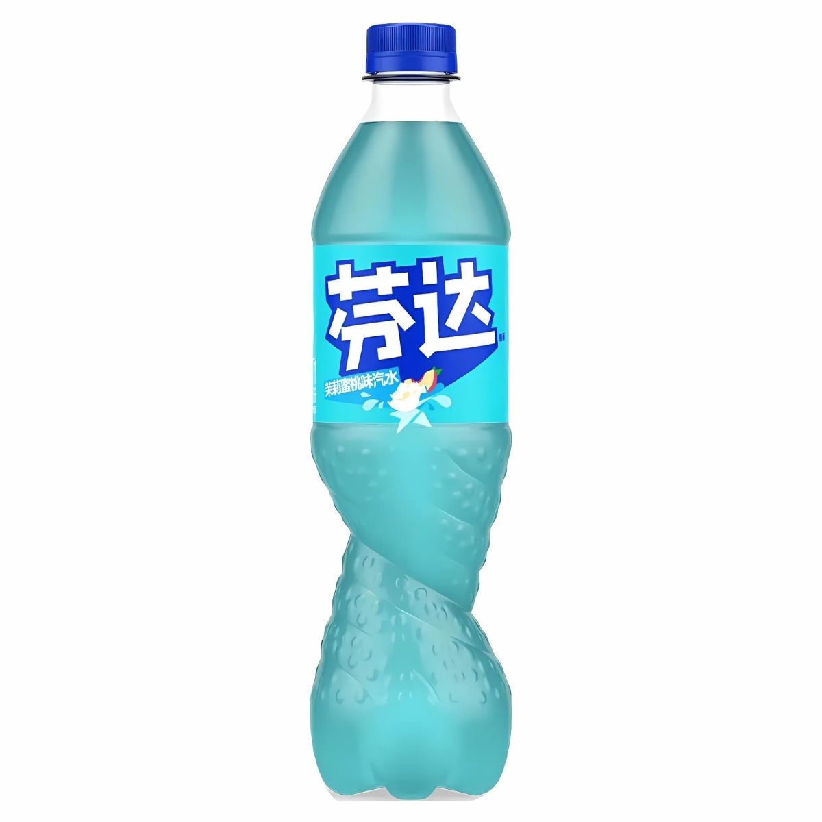 The Fanta - Jasmine Peach Bottle (China) - 500ml is a blue plastic bottle featuring a stylish twist design, complete with a blue cap and adorned with a white and blue label that includes Chinese characters. This bottle captures the essence of tropical paradise, offering the refreshing drink experience of Fanta Jasmine Peach.