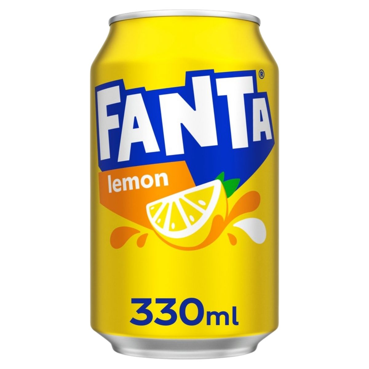 A 330ml Fanta Lemon can with a yellow background, bold white Fanta branding, and a lemon slice graphic on the front.