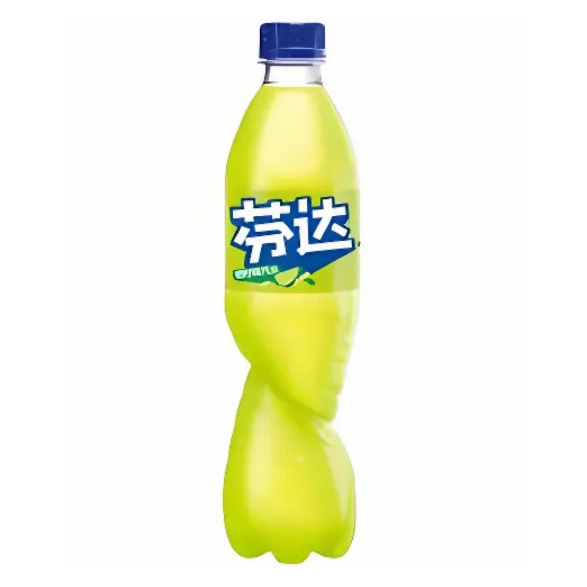 A 500ml lime-flavored beverage with a citrus or green tea taste, featuring a blue label and cap, similar to the well-known Fanta drinks in China.