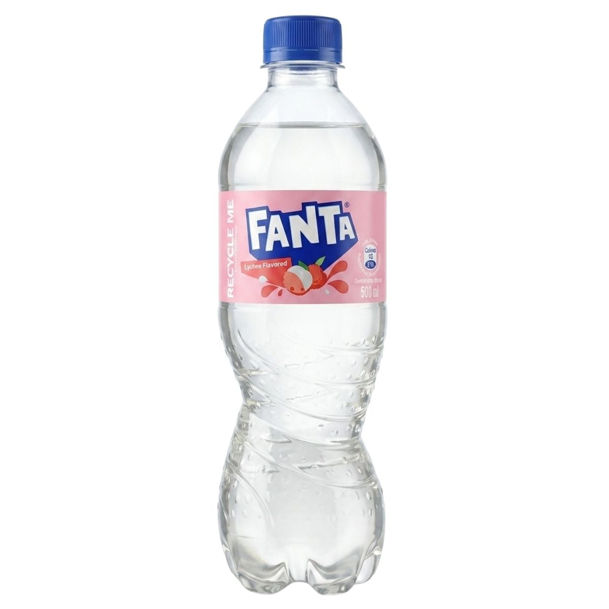 Fanta bottle with a pink label on a white background
