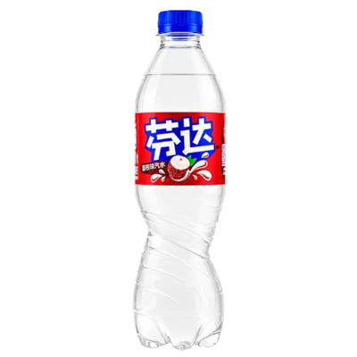 Packaged in a clear plastic 500ml bottle with a blue cap, this Fanta - Lychee Flavoured Drink (China) features a red and white label with Chinese text and an image of lychee fruit on the front, making it a popular lychee-flavoured fizzy beverage from Fanta.