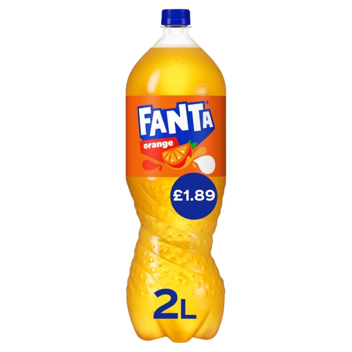Fanta orange soda bottle with blue cap on a white background