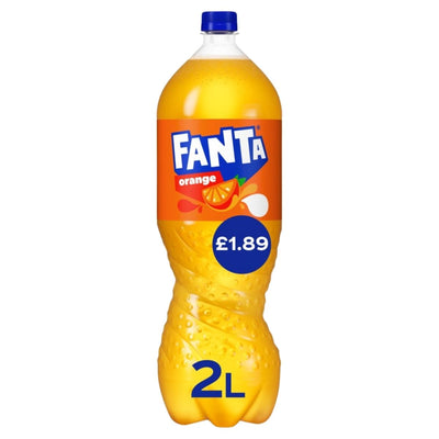 Fanta orange soda bottle with blue cap on a white background