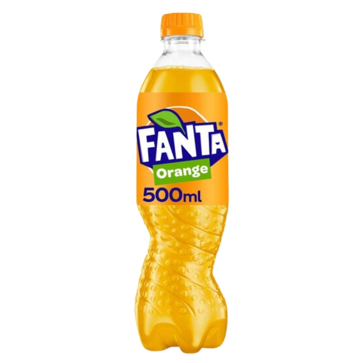 The 500ml Fanta Orange Bottle, featuring a refreshing orange flavor and a twisted design with an orange cap, is showcased against a white background.