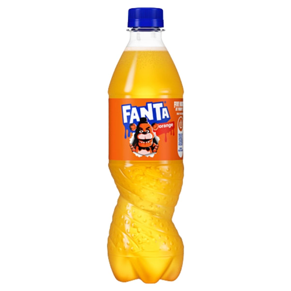 Fanta orange soda bottle with blue cap on a white background