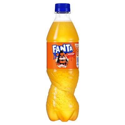 Fanta orange soda bottle with blue cap on a white background