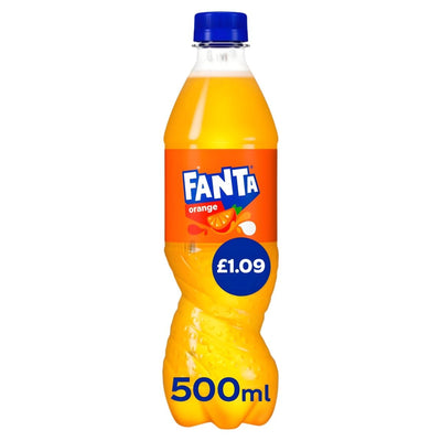 A 500ml Fanta Orange Bottle, a sparkling orange drink by Fanta, with a blue cap and £1.09 price label on the front.