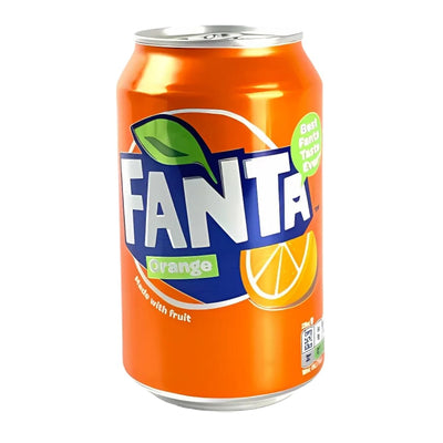 The Orange Fanta can, featuring its iconic logo and vibrant fruit graphics on an orange backdrop, delivers invigorating energy with real orange juice for a refreshing, authentic taste.