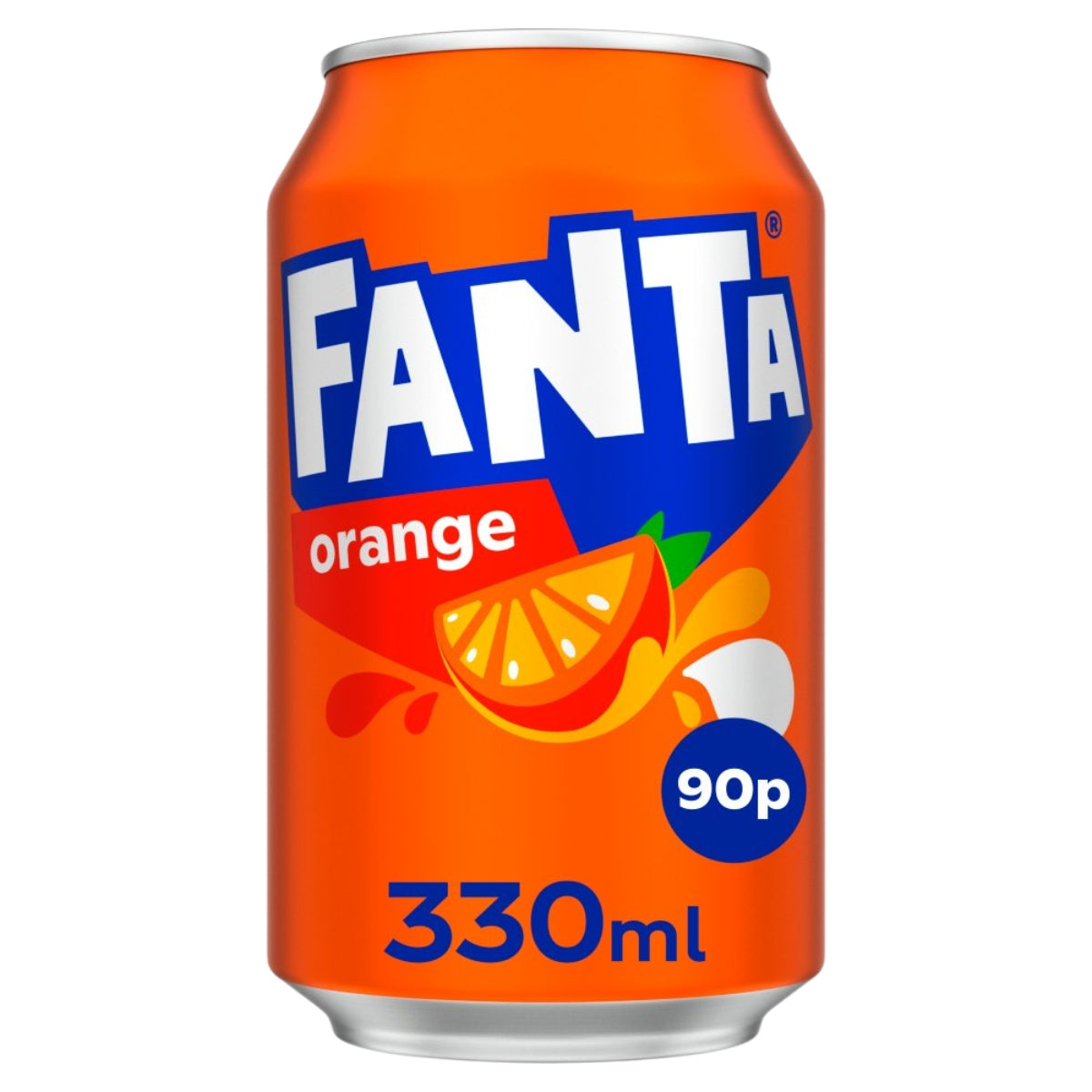 Orange Fanta can with branding and product details on a white background