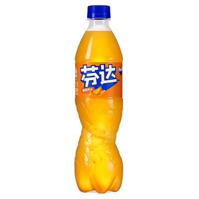 A 500ml plastic bottle of Fanta Orange (China) with a blue cap and a blue-and-white label featuring Chinese text and an orange graphic.