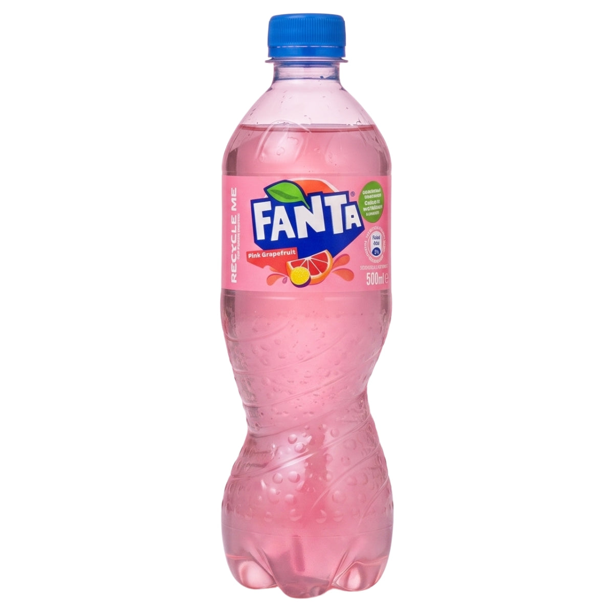 A 500ml plastic bottle of Fanta - Passion & Grape Fruit, featuring a blue cap and vibrant pink liquid inside. The bottle sports a colorful label with a recycling message. This refreshing carbonated drink from Fanta offers an exciting, fruity flavour that’s perfect for enjoying chilled on a hot day.