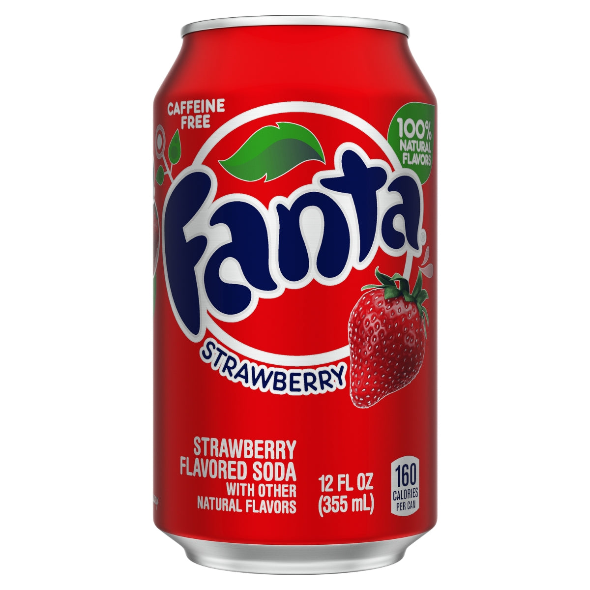 A Fanta - Strawberry Can (America) - 355ml with a red background, displaying a strawberry graphic and highlighting "100% natural flavors" and "160 calories per can.