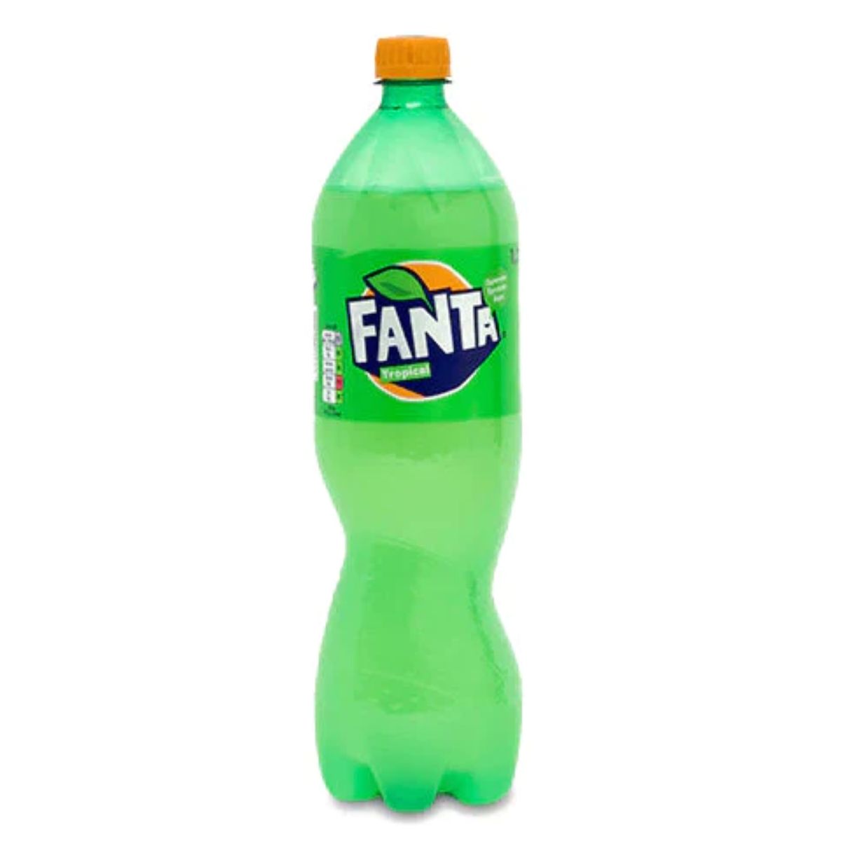 A 1.5-liter green bottle of Fanta Tropical Green, adorned with a lime and orange logo and topped with a yellow cap, promises a refreshing taste.