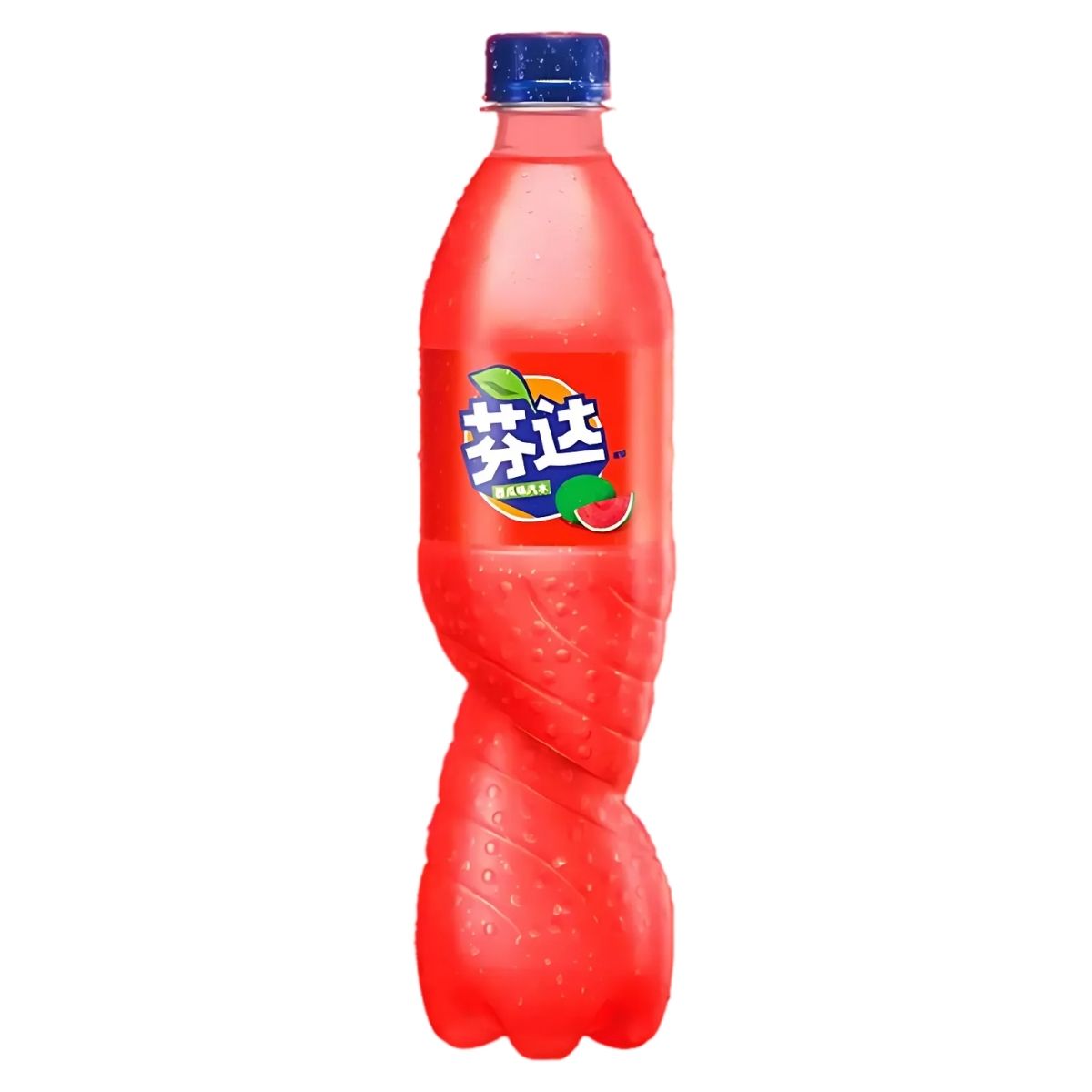 The Fanta - Watermelon (China) 500ml bottle is red plastic with a blue cap and features vibrant graphics and non-English script, highlighting its refreshing watermelon flavor.