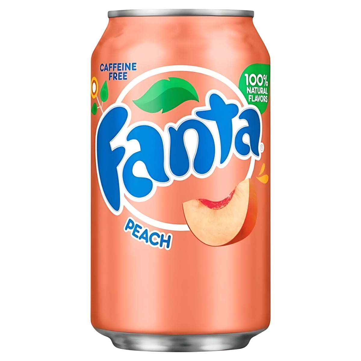 A can of Fanta - Peach Can (America) - 355ml with an orange background, displaying the iconic Fanta logo, a peach illustration, and labels indicating "Caffeine Free" and "100% Natural Flavors." Enjoy this refreshing drink any time of the day.