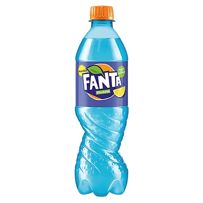 A blue twist-design plastic bottle of Fanta - Shokata Elderflower & Lemon Bottle (Ukraine) - 500ml, featuring a blue label with an orange and lemon slice, an orange cap, and filled with refreshing 500ml of Ukrainian elderflower and lemon-flavored soda.
